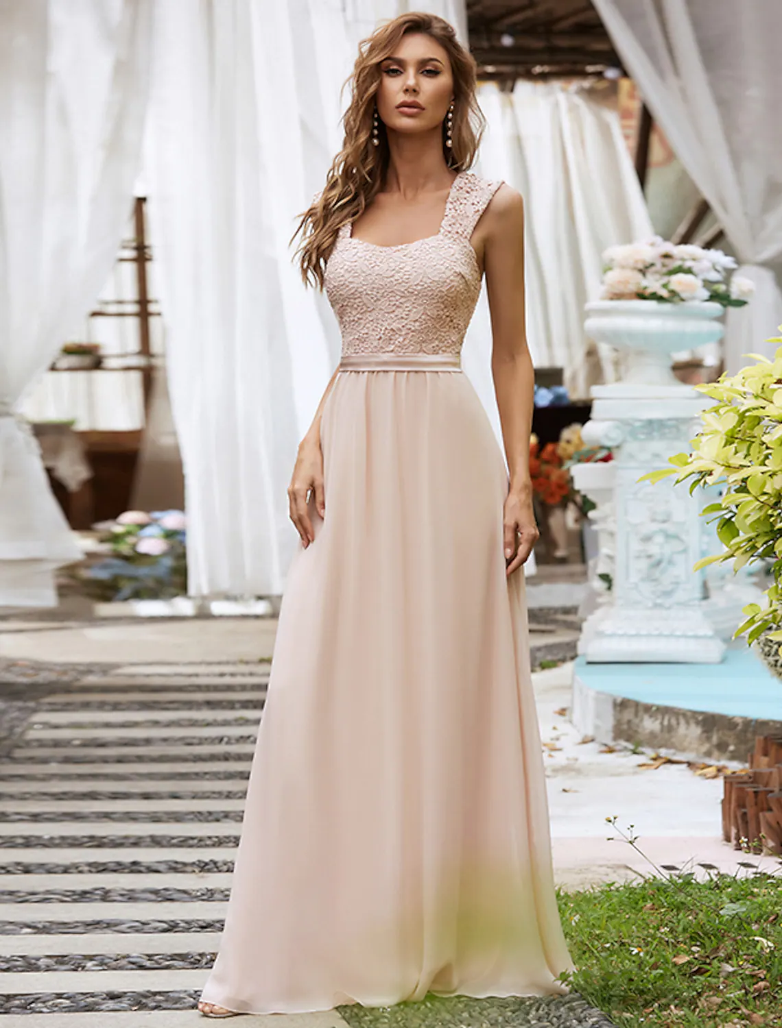 A-Line Elegant Formal Evening Dress Backless Sleeveless Floor Length Chiffon with Pleats - TREBLEV