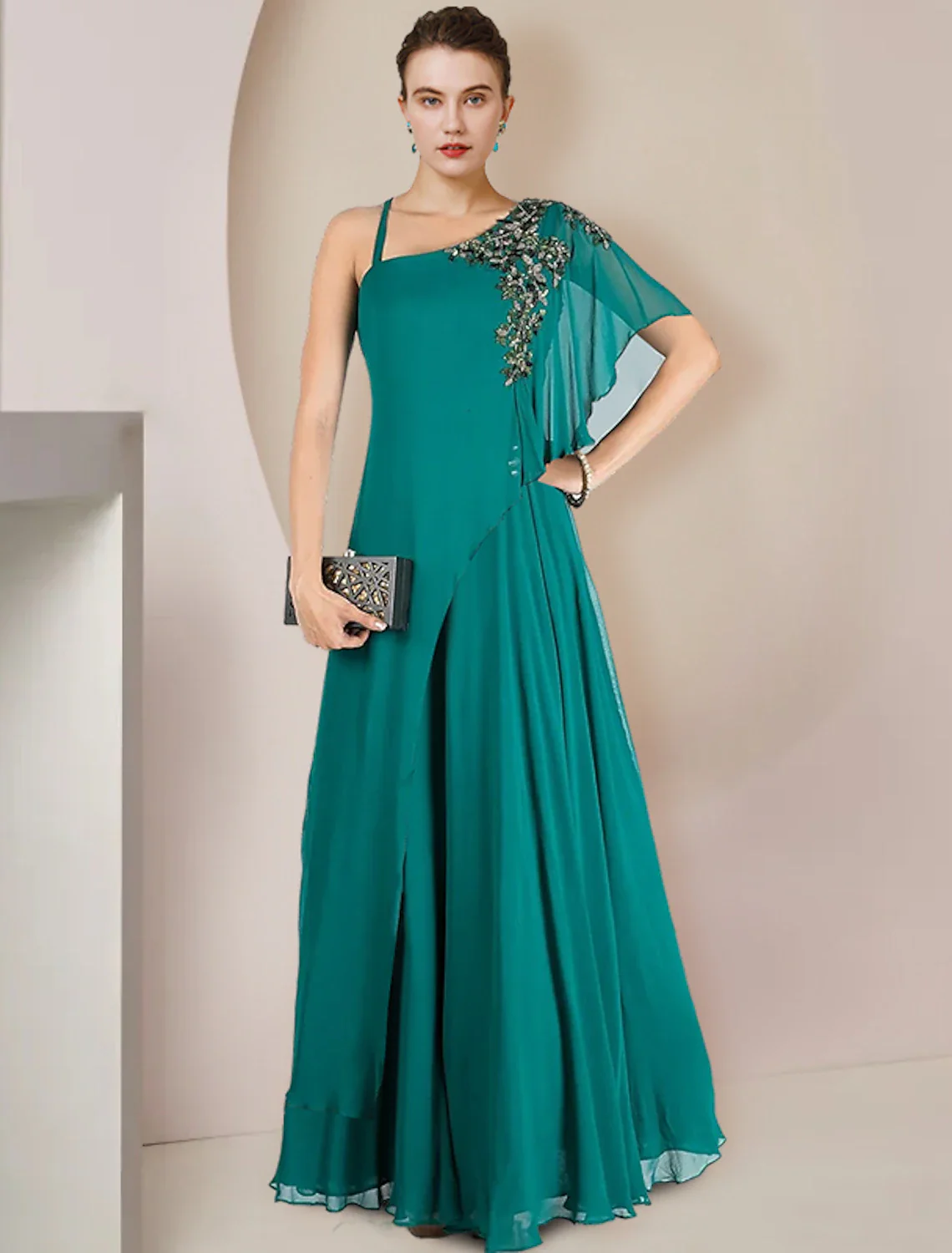 A-Line Mother of the Bride Dress Formal Wedding Guest Elegant One Shoulder Floor Length Chiffon Sleeveless with Pleats Appliques - TREBLEV