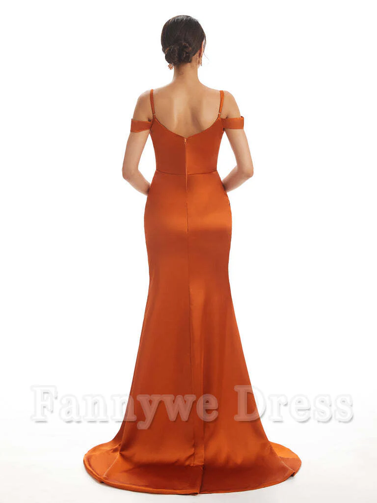 Mermaid Off The Shoulder Satin formal dresses evening gown Bridesmaid Dresses With Side Slit - TREBLEV
