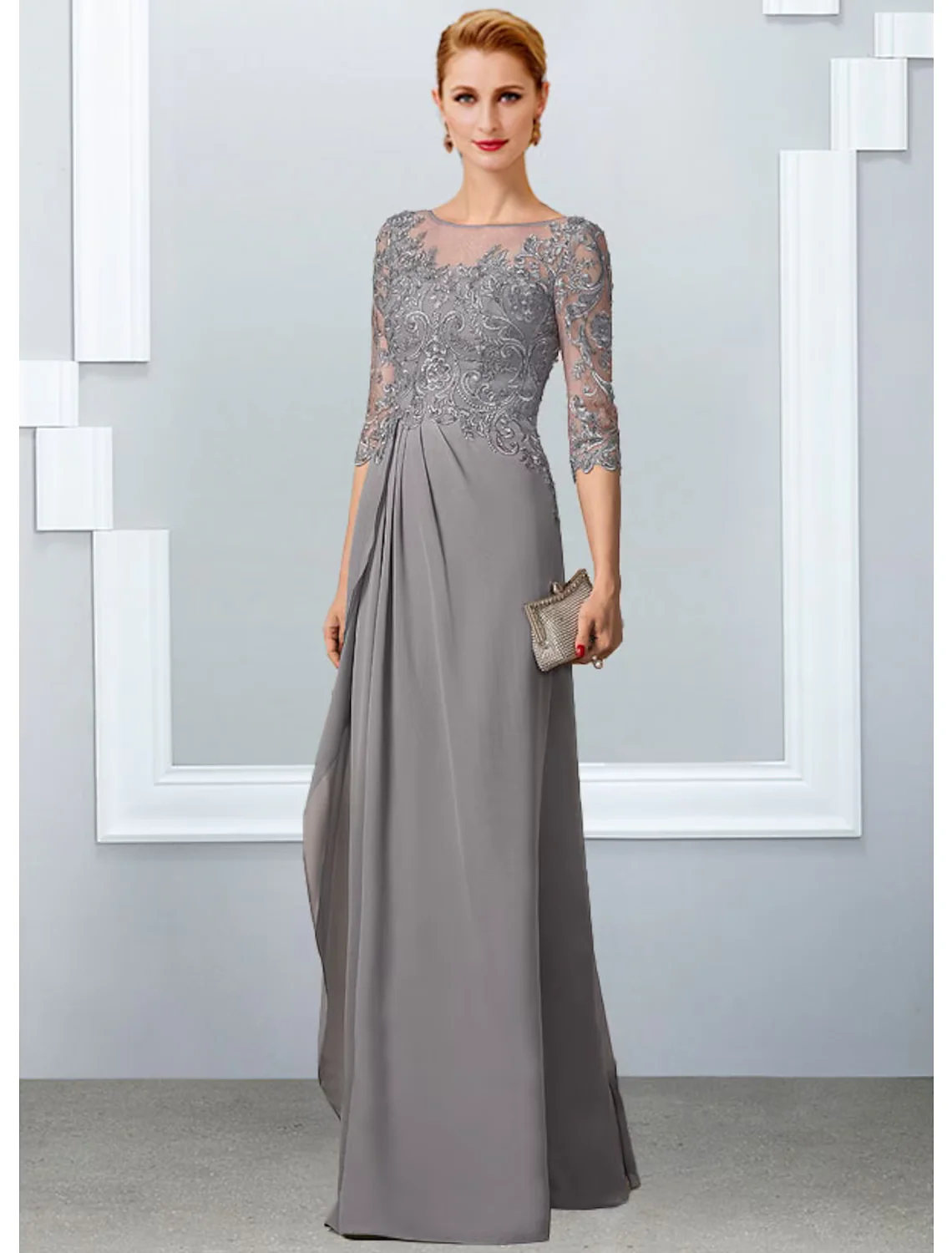 A-Line Mother of the Bride Dress Elegant Floor Length Chiffon Lace Half Sleeve with Appliques - TREBLEV