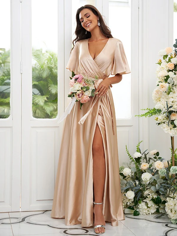 A-Line/Princess Silk like Satin Sash/Ribbon/Belt V-neck Short Sleeves Floor-Length Bridesmaid Dresses - TREBLEV
