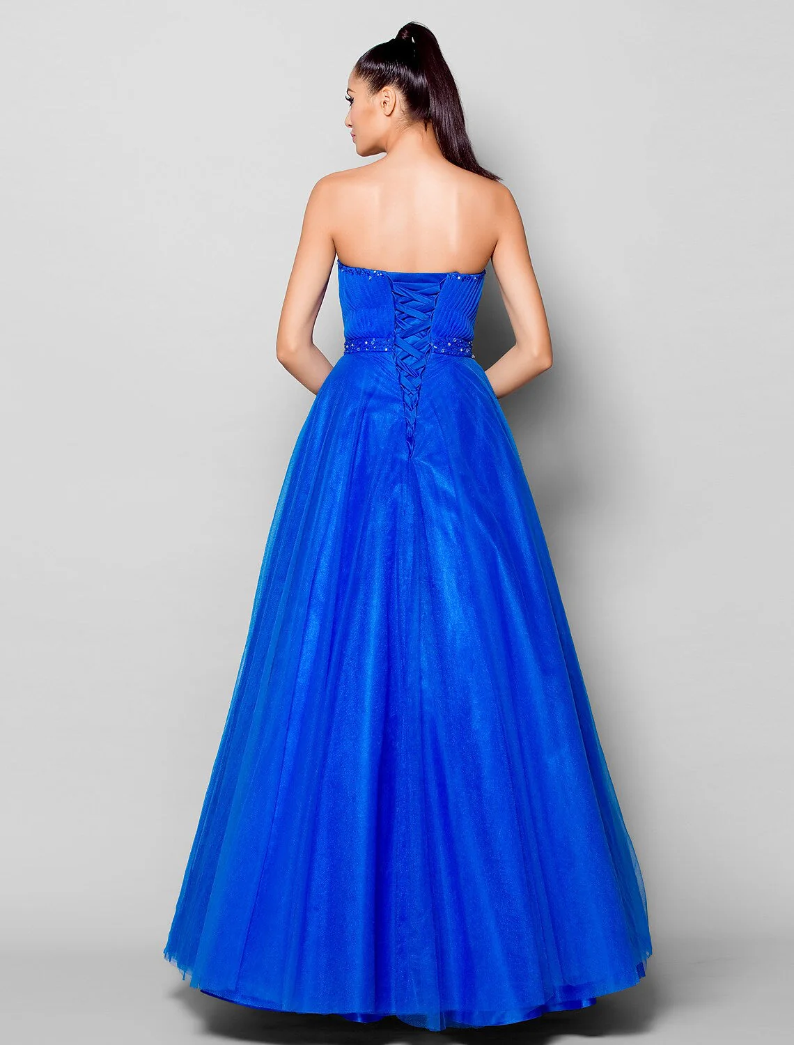 Lace Up Dress Formal Evening Floor Length Sleeveless Tulle Beading - TREBLEV