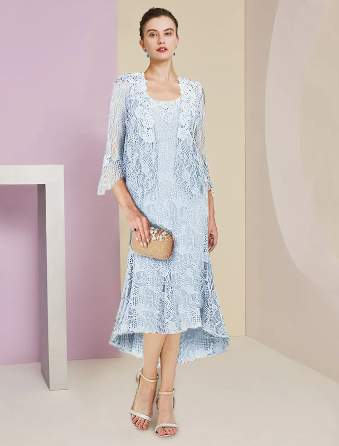 Two Piece Mermaid / Trumpet Mother of the Bride Dress Formal Wedding Guest Elegant High Low Scoop Neck Asymmetrical Tea Length Lace Sleeveless Wrap Included with Solid Color - TREBLEV