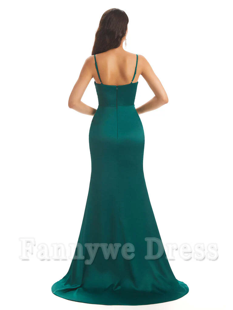 Mermaid Spaghetti Straps Satin Side Slit formal dresses evening gown Bridesmaid Dresses - TREBLEV