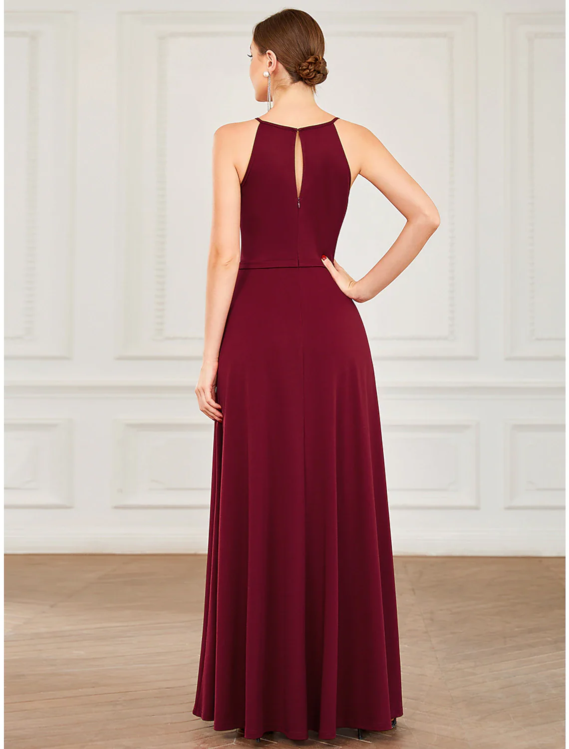 A-Line Prom Dresses Elegant Dress Wedding Guest Floor Length Sleeveless Halter Chiffon with Draping Pure Color - TREBLEV