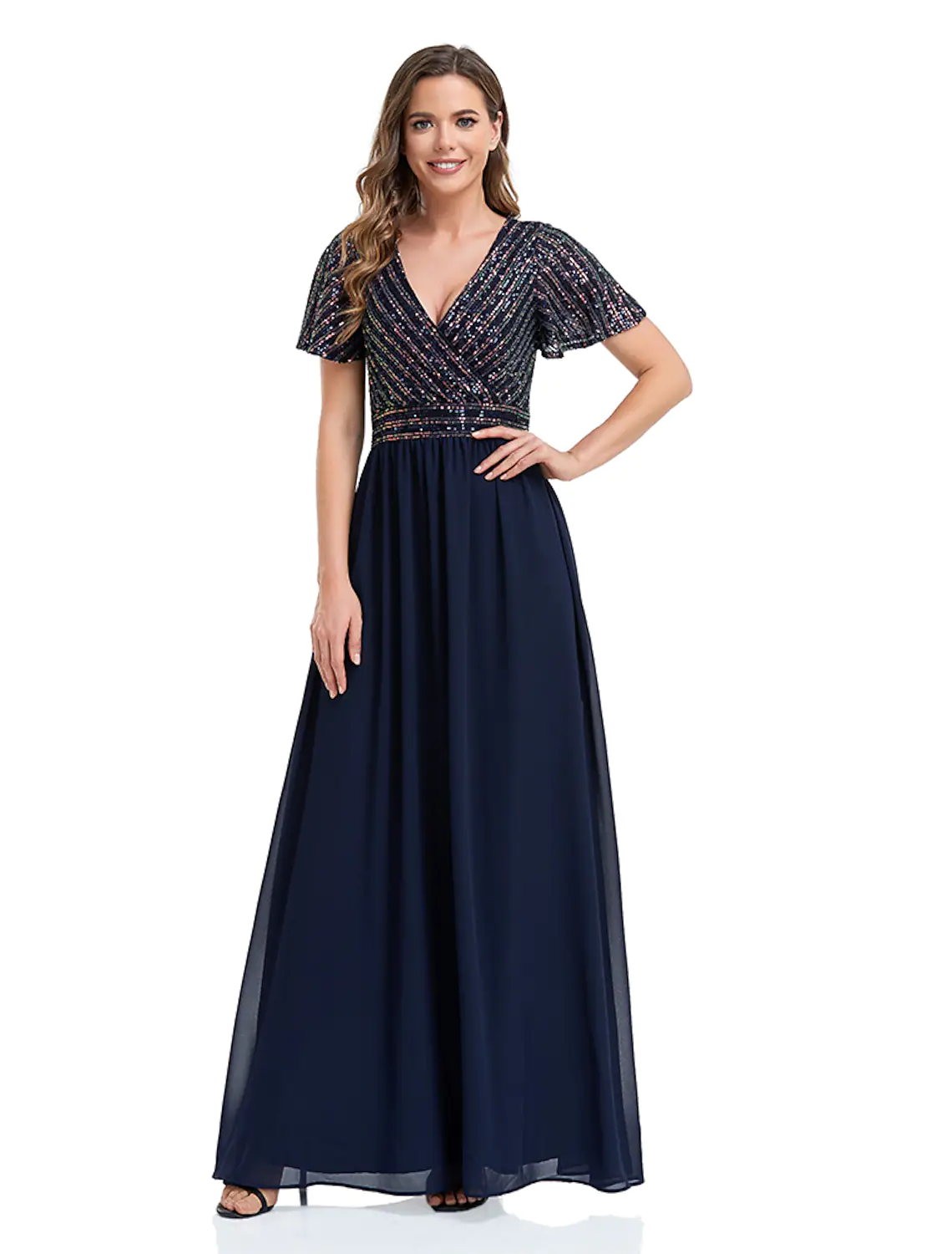A-Line Evening Gown Elegant Dress Floor Length Short Sleeve V Neck Sequined - TREBLEV