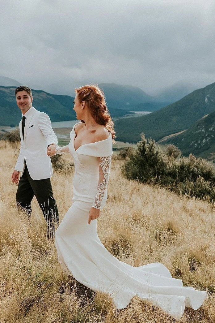 Mermaid V Neck Charming Off the Shoulder Long Sleeves Ball Gown Bridal Dresses Wedding Dresses - TREBLEV