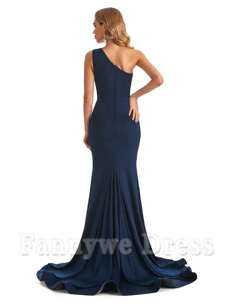 Mermaid One shoulder formal dresses evening gown Bridesmaid Dresses With Side Slit - TREBLEV