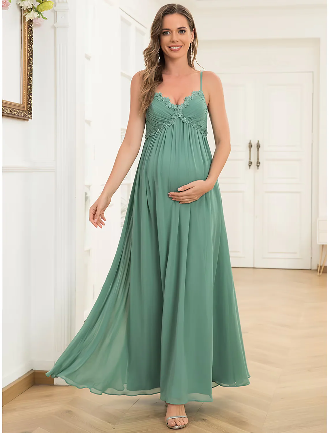A-Line Evening Gown Maternity Dress Wedding Guest Floor Length Sleeveless V Neck Chiffon V Back with Draping - TREBLEV