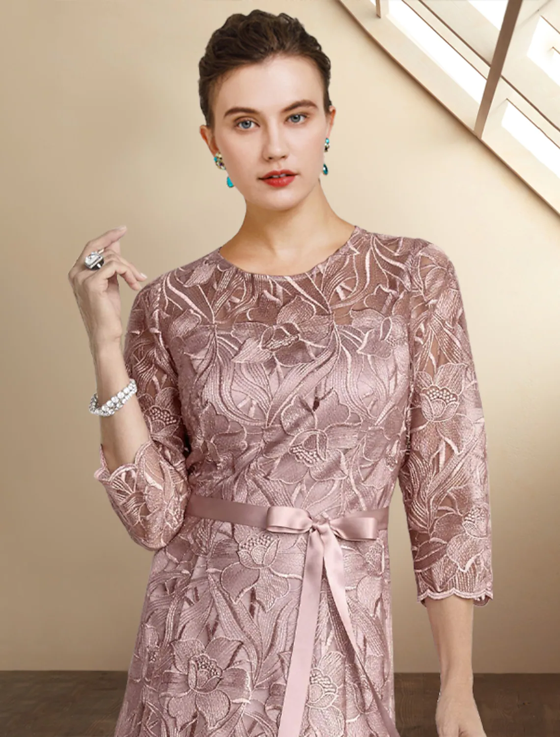 A-Line Mother of the Bride Dress Elegant Lace Charmeuse Sleeve with Bow(s) Appliques - TREBLEV