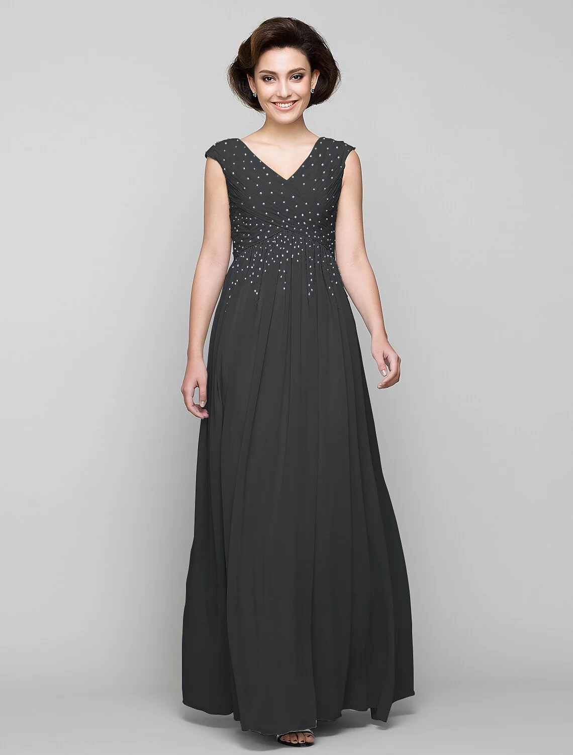 A-Line Mother of the Bride Dress Elegant V Neck Floor Length Chiffon Sleeveless with Cross Beading - TREBLEV