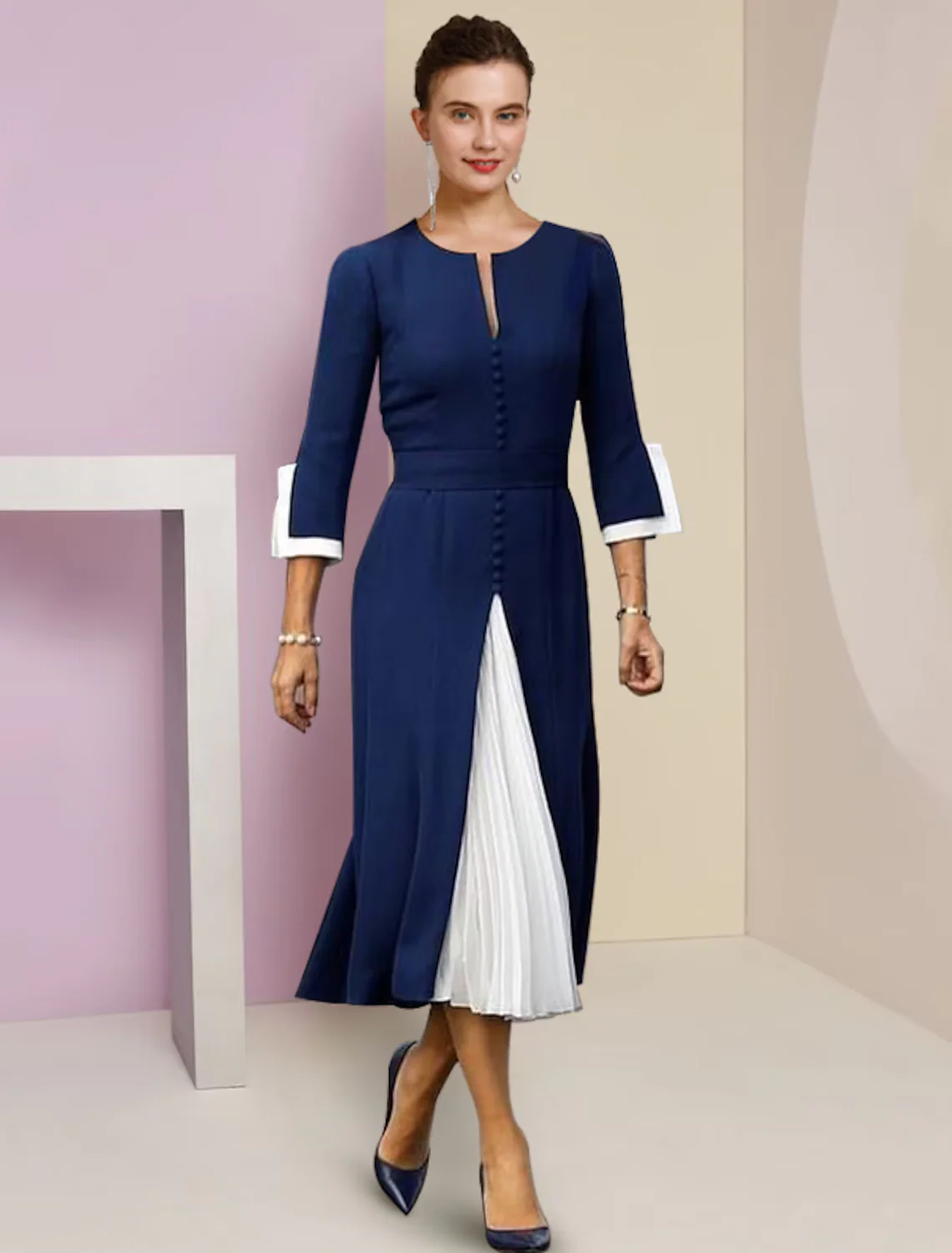 A-Line Mother of the Bride Dress Formal Wedding Guest Elegant Scoop Neck Length Stretch Chiffon Length Sleeve with Buttons - TREBLEV