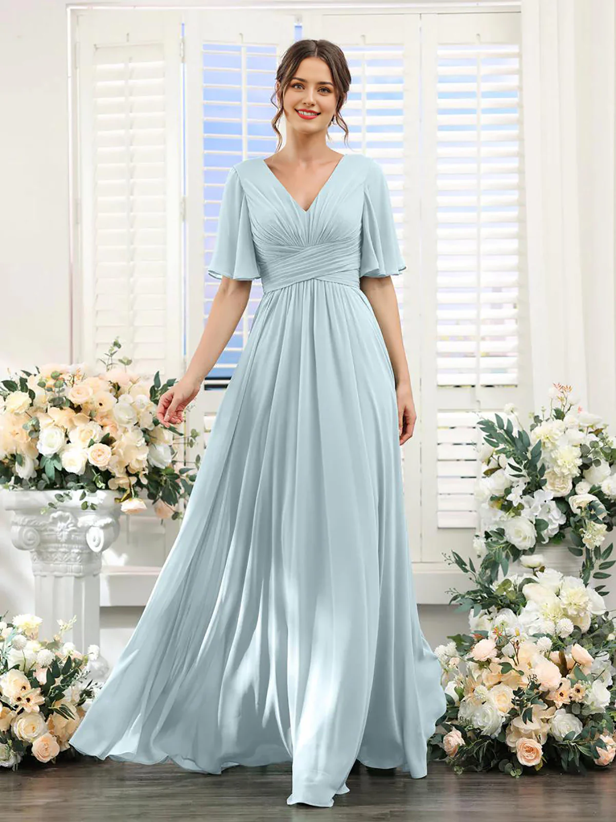 A-Line V Neck Sleeve Long Chiffon Formal Party Dresses for Wedding Guest Bridesmaid Dress - TREBLEV