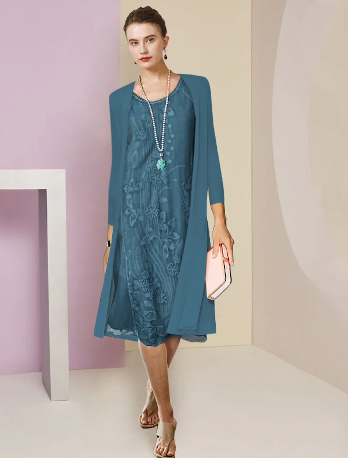 Two Piece Sheath / Column Mother of the Bride Dress Formal Wedding Guest Elegant Scoop Neck Knee Length Chiffon Lace Half Sleeve Jacket Dresses with Appliques - TREBLEV