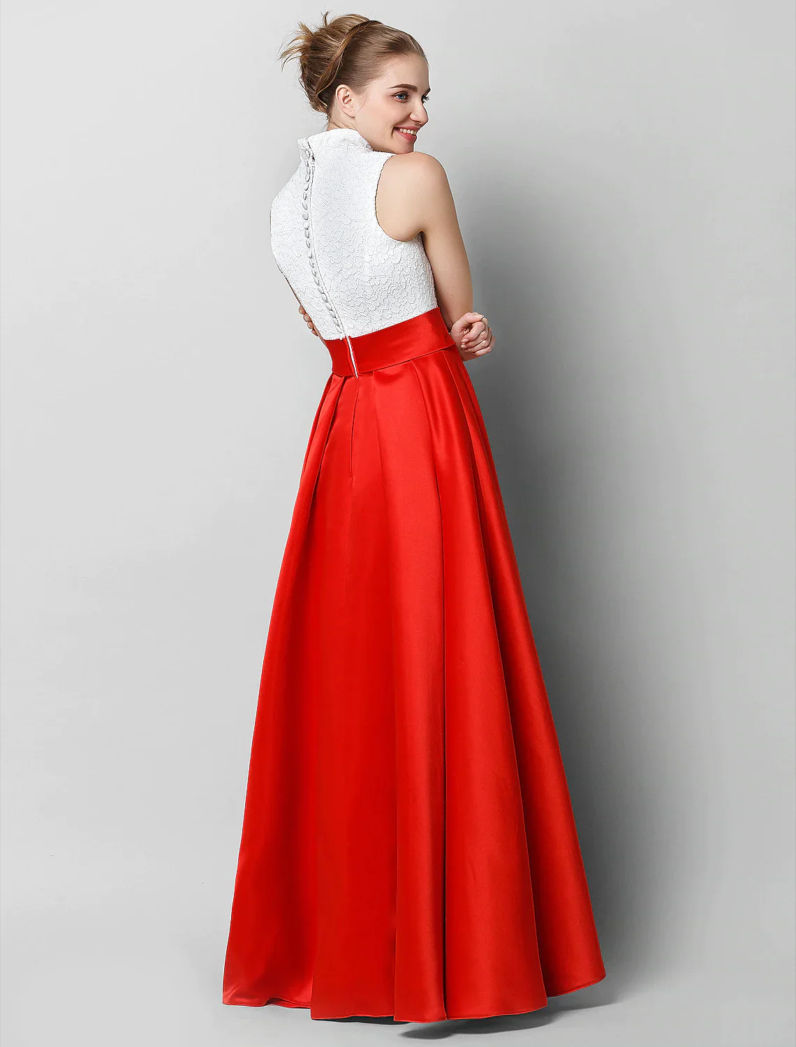 A-Line Elegant Luxurious Color Block Formal Evening Gala Dress High Neck Sleeveless Floor Length Lace with Pleats - TREBLEV