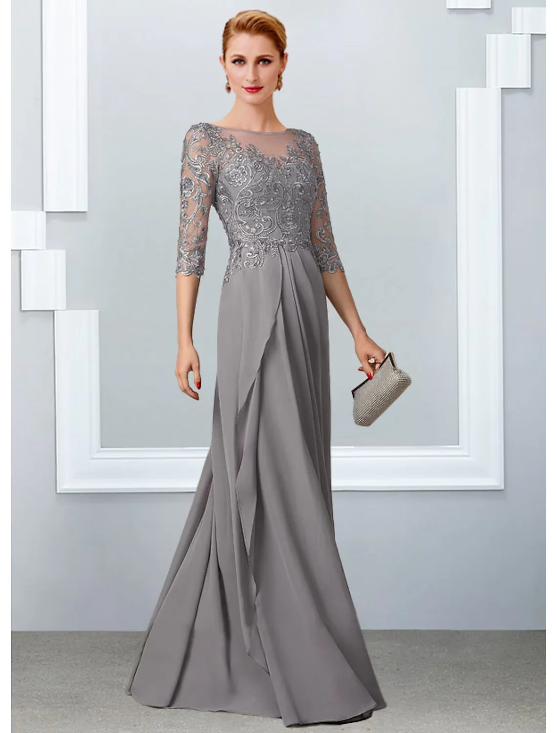A-Line Mother of the Bride Dress Elegant Floor Length Chiffon Lace Half Sleeve with Appliques - TREBLEV