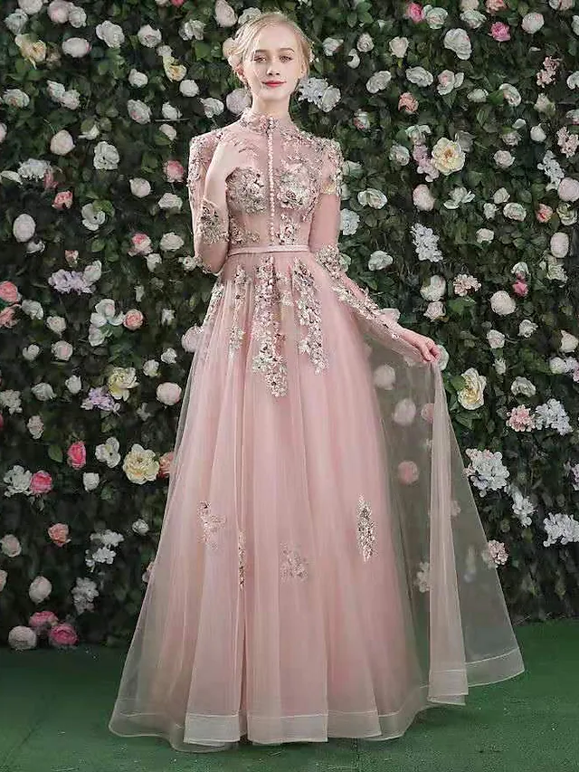 A-Line Cut Out Floral Prom Formal Evening Dress High Neck Long Sleeve Floor Length with Embroidery - TREBLEV