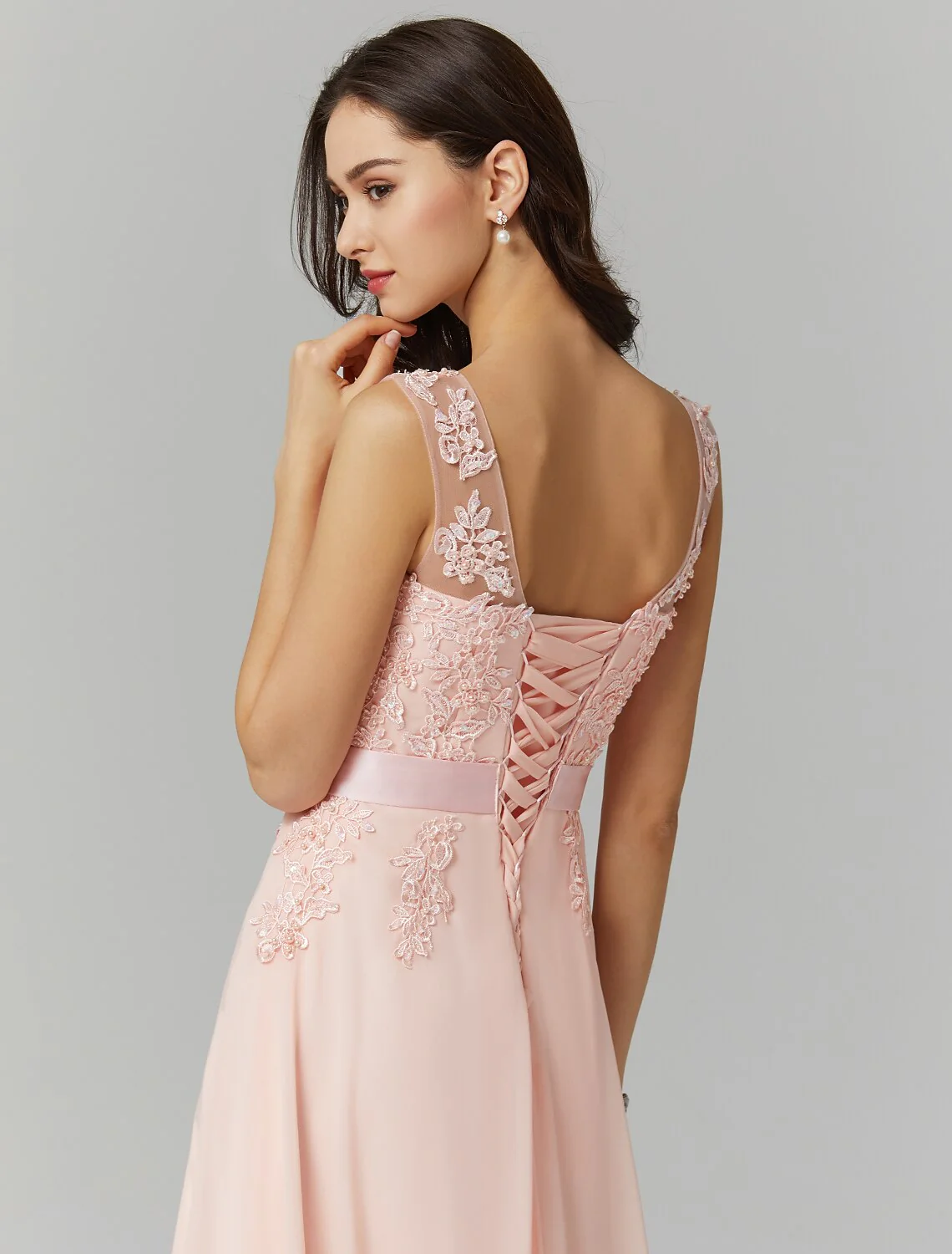 A-Line Evening Gown High Waisted Prom Dress Bridesmaid Wedding Guest Chiffon Floor Length Sleeveless Illusion Neck Georgette with Appliques - TREBLEV