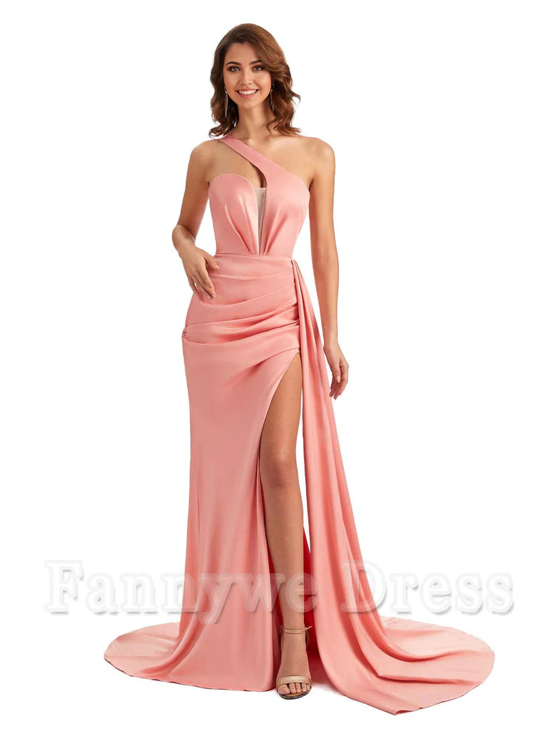 Mermaid One Shoulder Satin formal dresses evening gown Bridesmaid Dresses With Side Slit - TREBLEV