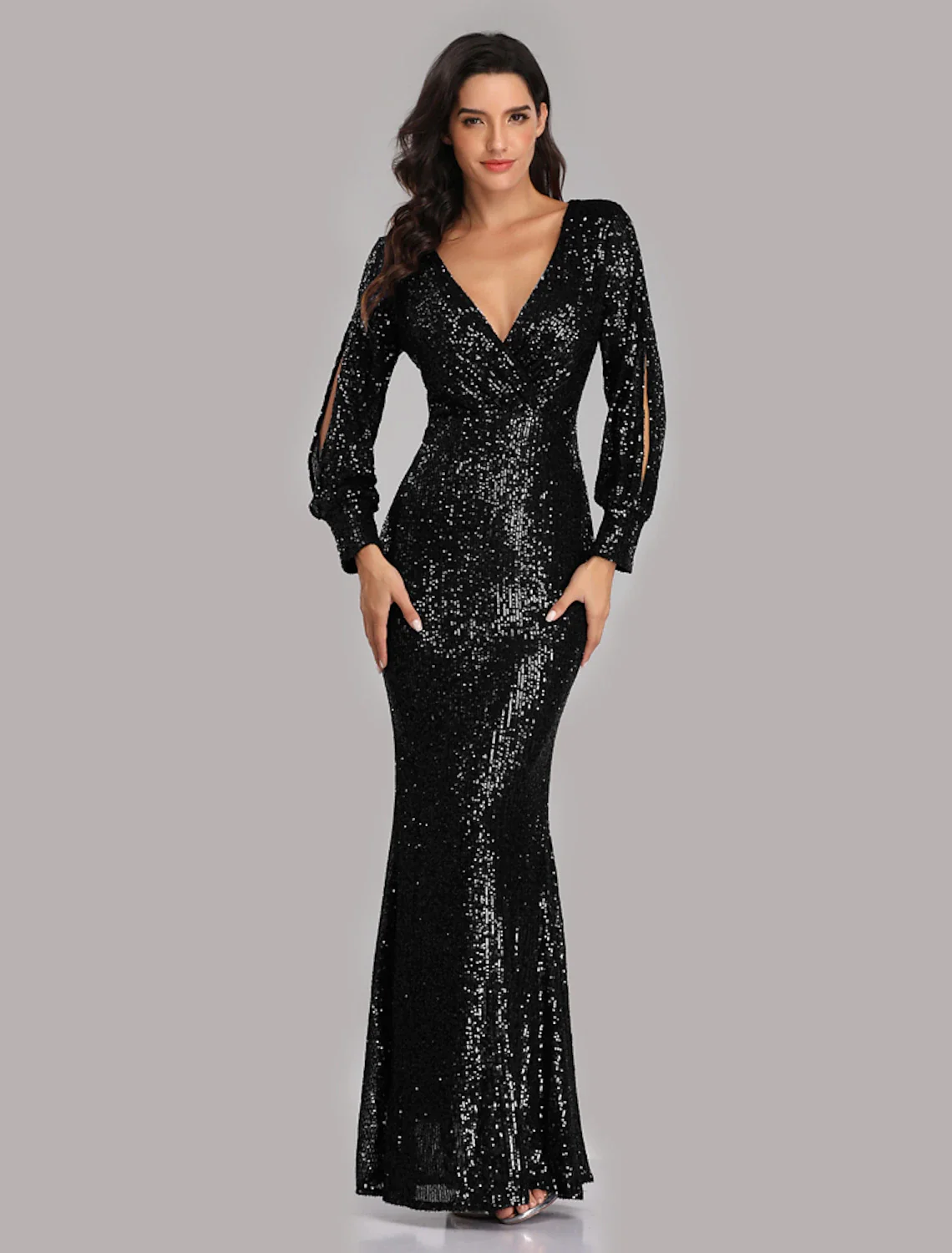 Mermaid / Trumpet Evening Gown Sparkle Dress Party Wear Floor Length Long Sleeve V Neck Sequined with Sequin - TREBLEV