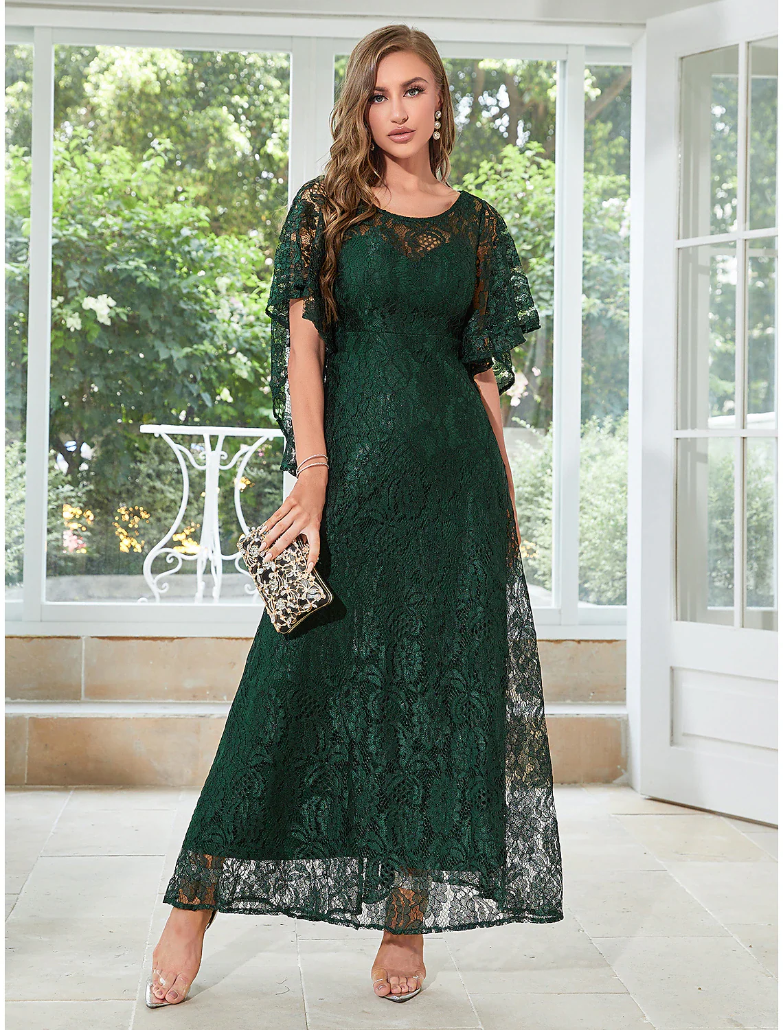 A-Line Wedding Guest Dresses Elegant Dress Party Wear Ankle Length Half Sleeve Jewel Neck Lace with Ruffles Appliques - TREBLEV