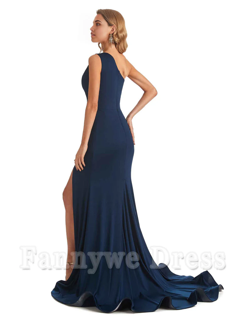 Mermaid One shoulder formal dresses evening gown Bridesmaid Dresses With Side Slit - TREBLEV