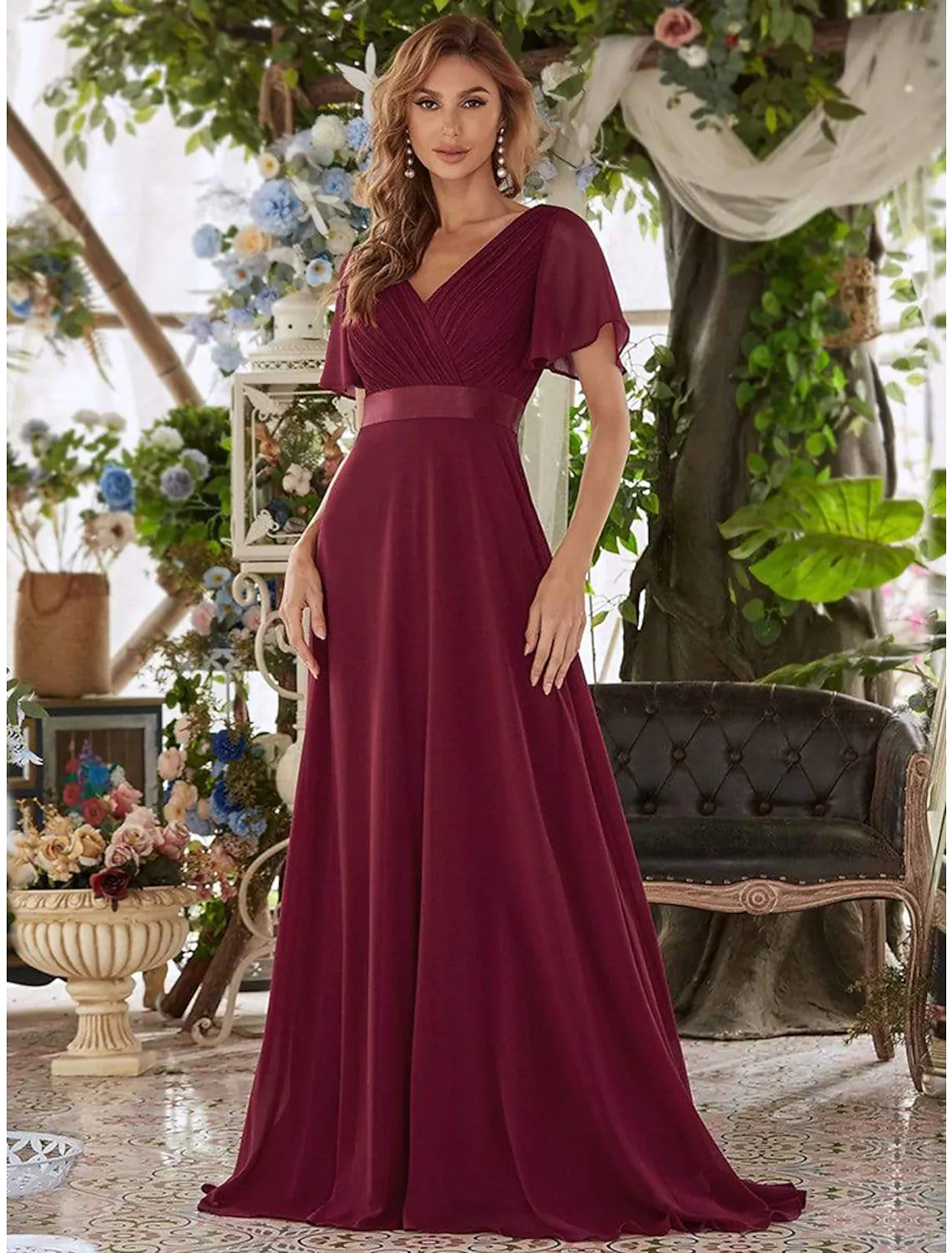 A-Line Evening Gown Dress Wedding Guest Floor Length Short Sleeve V Neck Chiffon V Back with Ruffles - TREBLEV