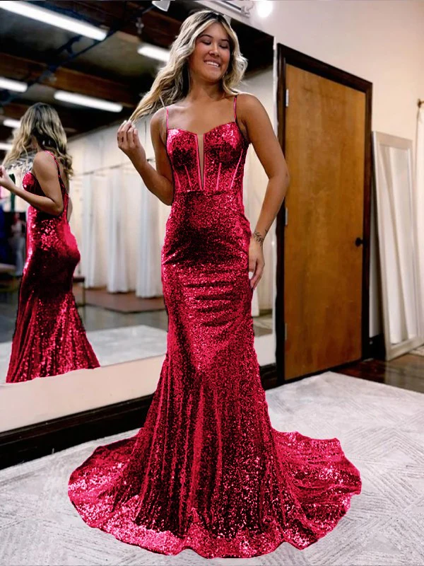 Trumpet/Mermaid Sequins Sweetheart Sleeveless Court Train Corset Dresses - TREBLEV