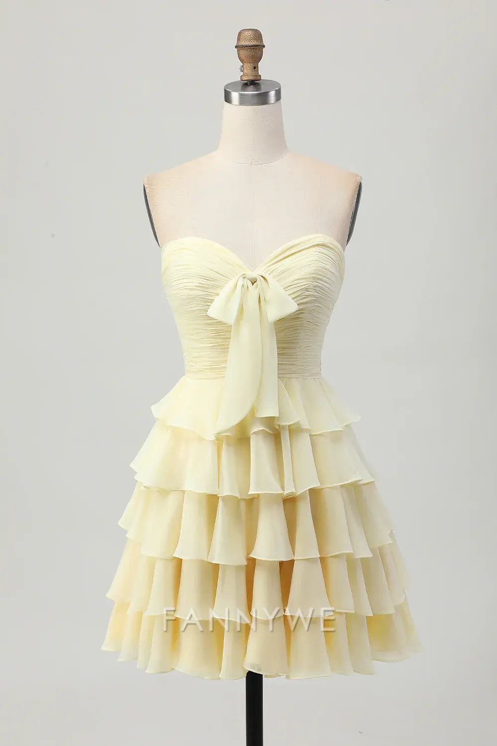 FannyWe Elegant Light Yellow Sweetheart Ruched Ruffled Short Homecoming Dress with Bow formal wear dresses - TREBLEV