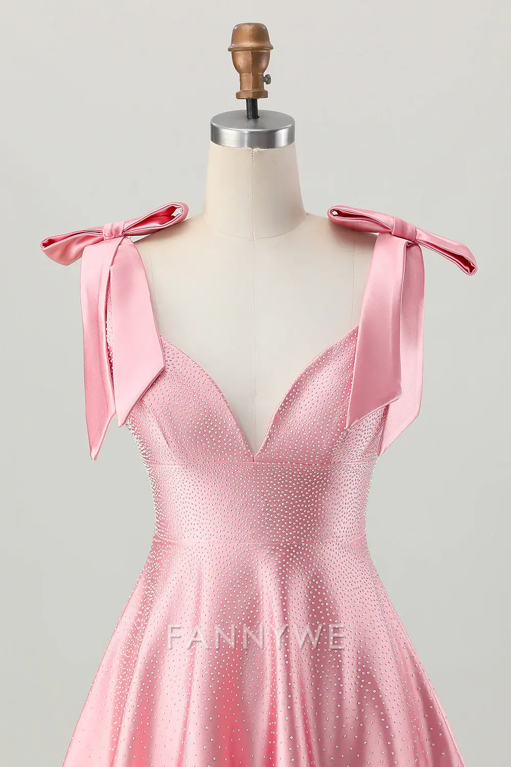 FannyWe Elegant Sparkly Blush Pink A Line Satin Short Beaded Homecoming Dress with Bow - TREBLEV