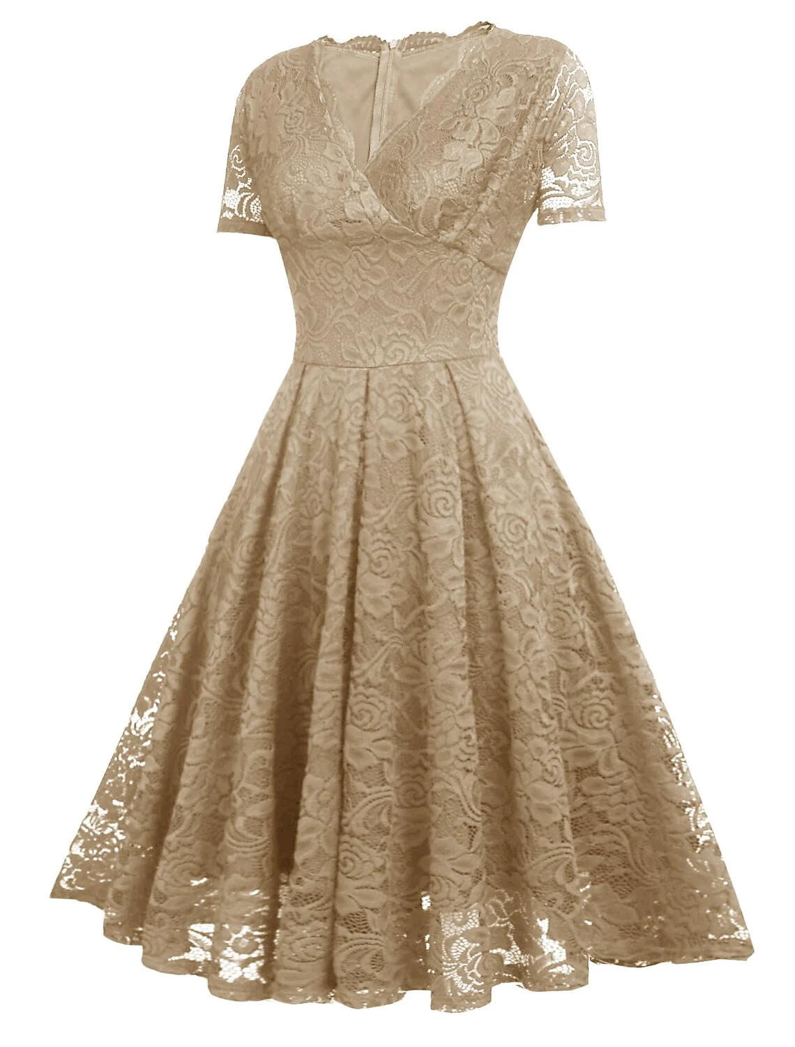 A-Line Cocktail Dresses Minimalist Dress Holiday Tea Length Short Sleeve V Neck Spandex with Lace Insert - TREBLEV