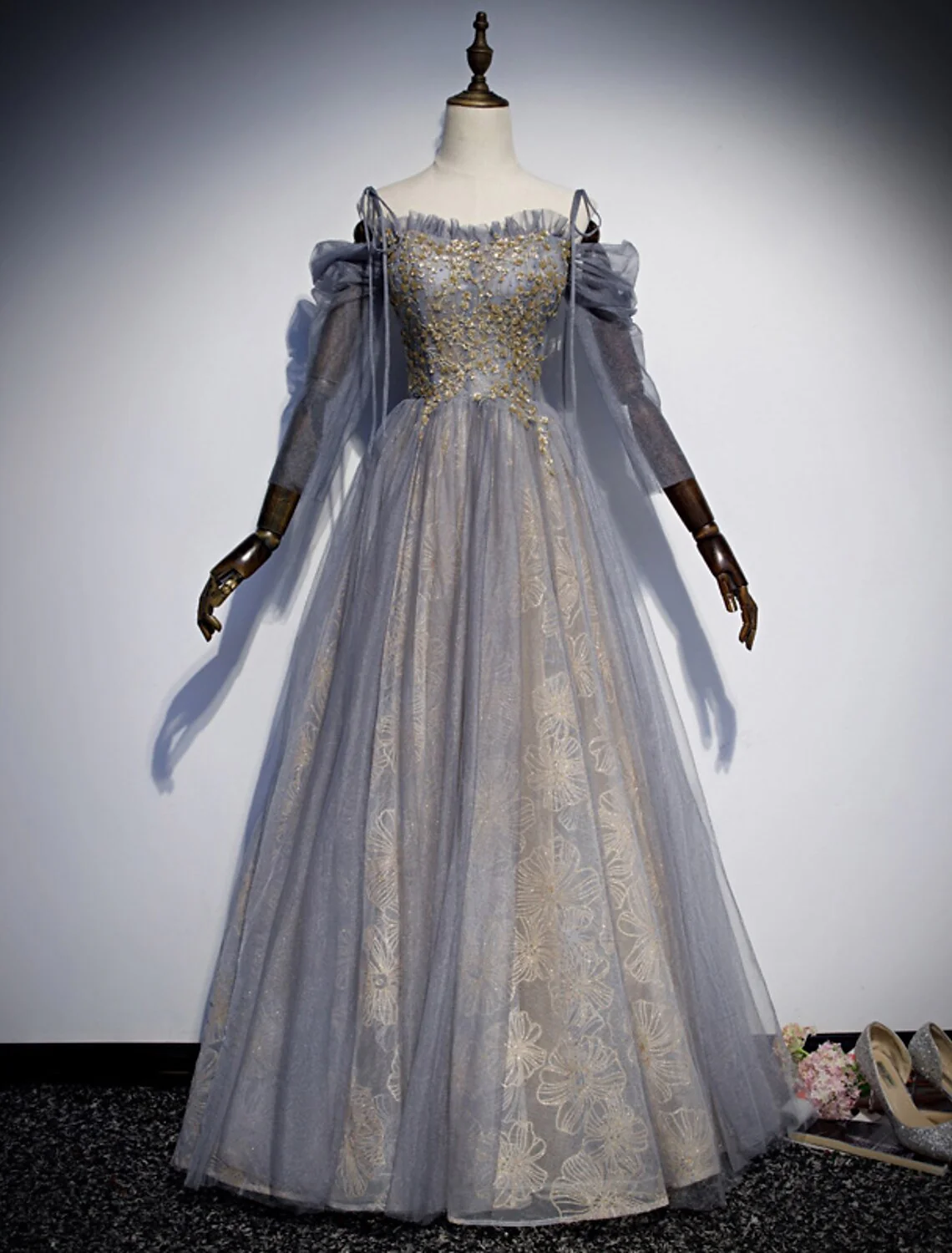 A-Line Prom Dresses Glittering Dress Wedding Guest Floor Length 3/4 Length Sleeve Spaghetti Strap Tulle with Sequin Embroidery - TREBLEV