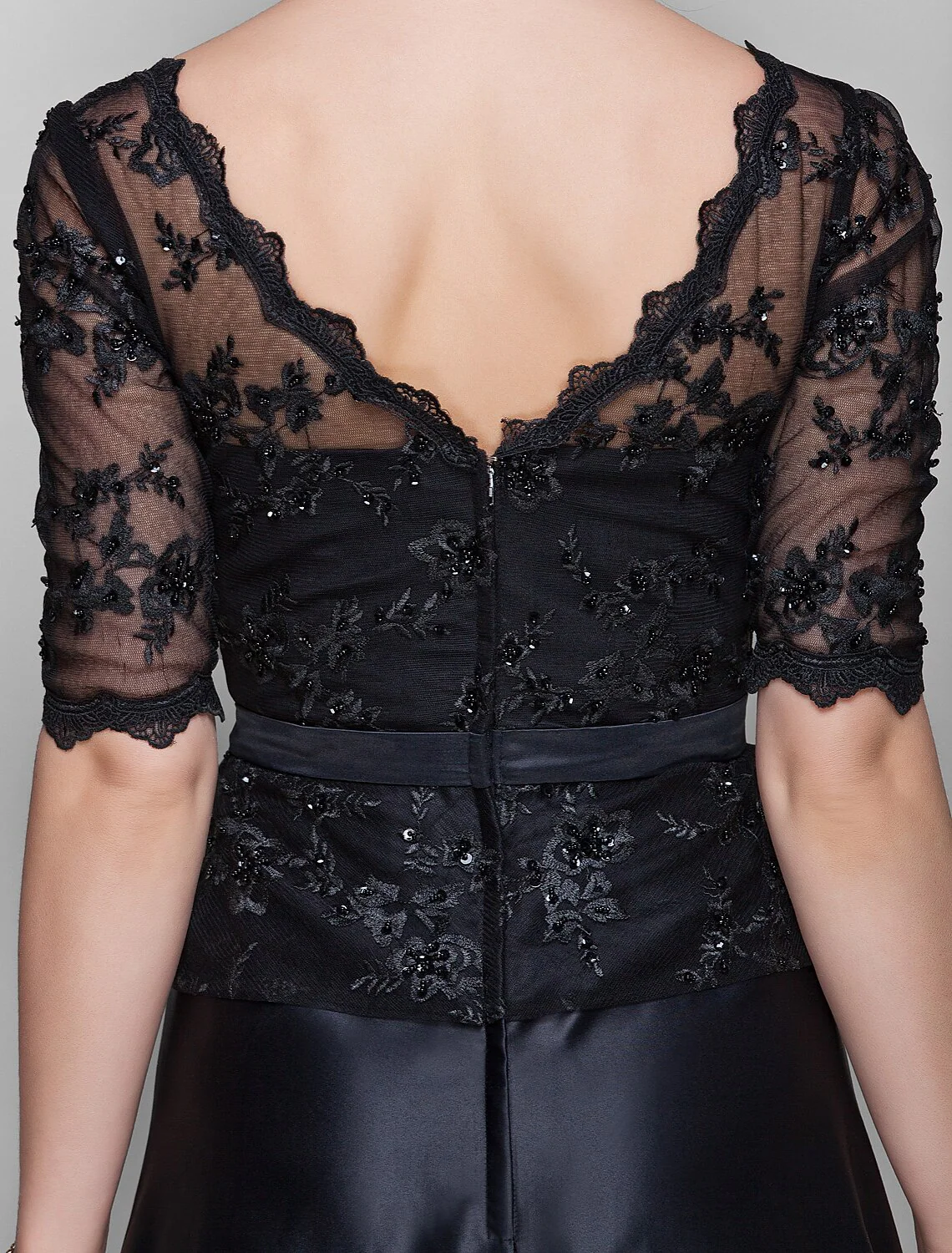 A-Line Mother of the Bride Dress  V Neck Floor Length Satin Lace Half Sleeve with Lace Bow(s) Beading - TREBLEV