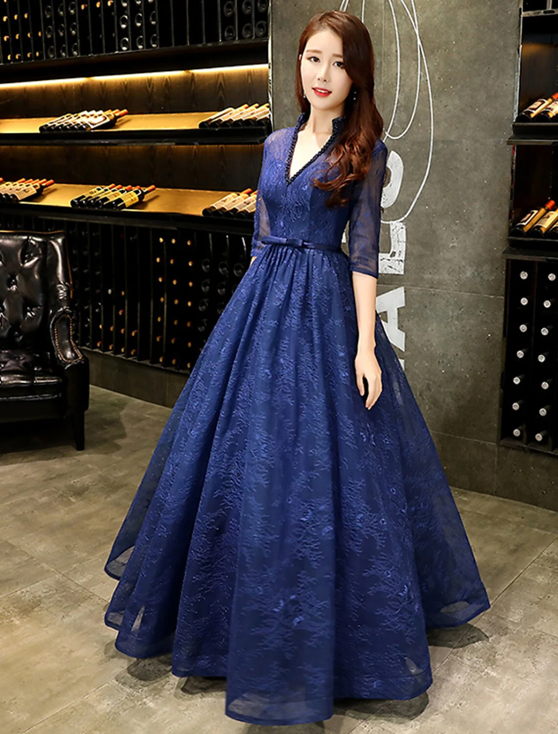 A-Line Evening Gown Beautiful Back Dress Wedding Guest Floor Length Half Sleeve V Neck Lace with Beading - TREBLEV