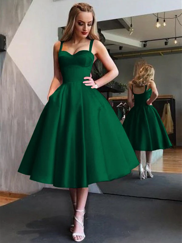 A-Line Straps Satin Sleeveless With Ruffles Tea-Length Dresses - TREBLEV