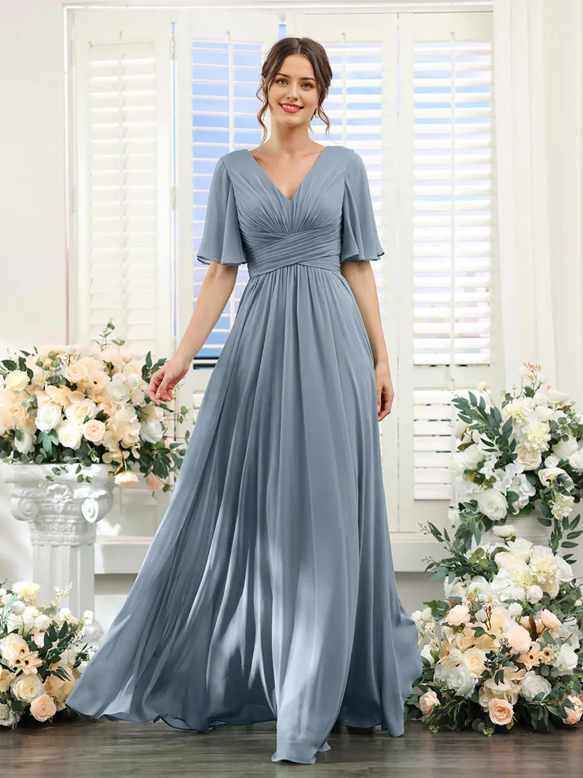 A-Line V Neck Sleeve Bridesmaid Dress for Wedding Guest Long Chiffon Party Dresses with Slit - TREBLEV