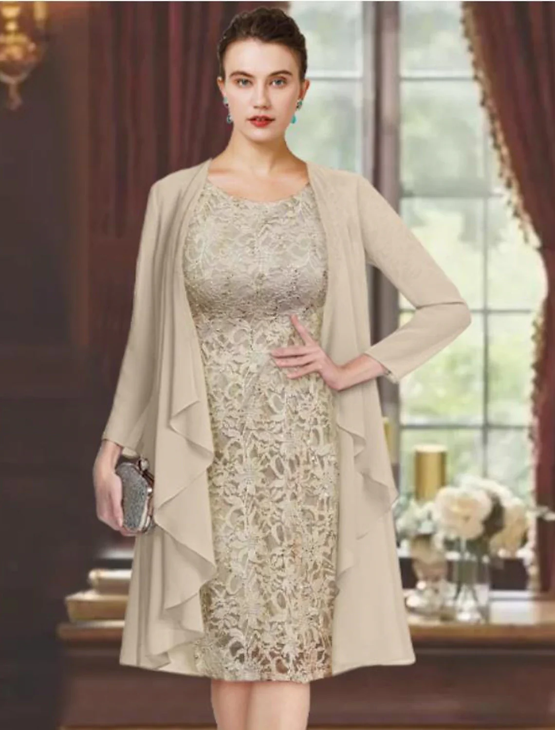 Two Piece Sheath / Column Mother of the Bride Dress Formal Wedding Guest Elegant Scoop Neck Knee Length Chiffon Lace Short Sleeve Jacket Dresses with Solid Color - TREBLEV