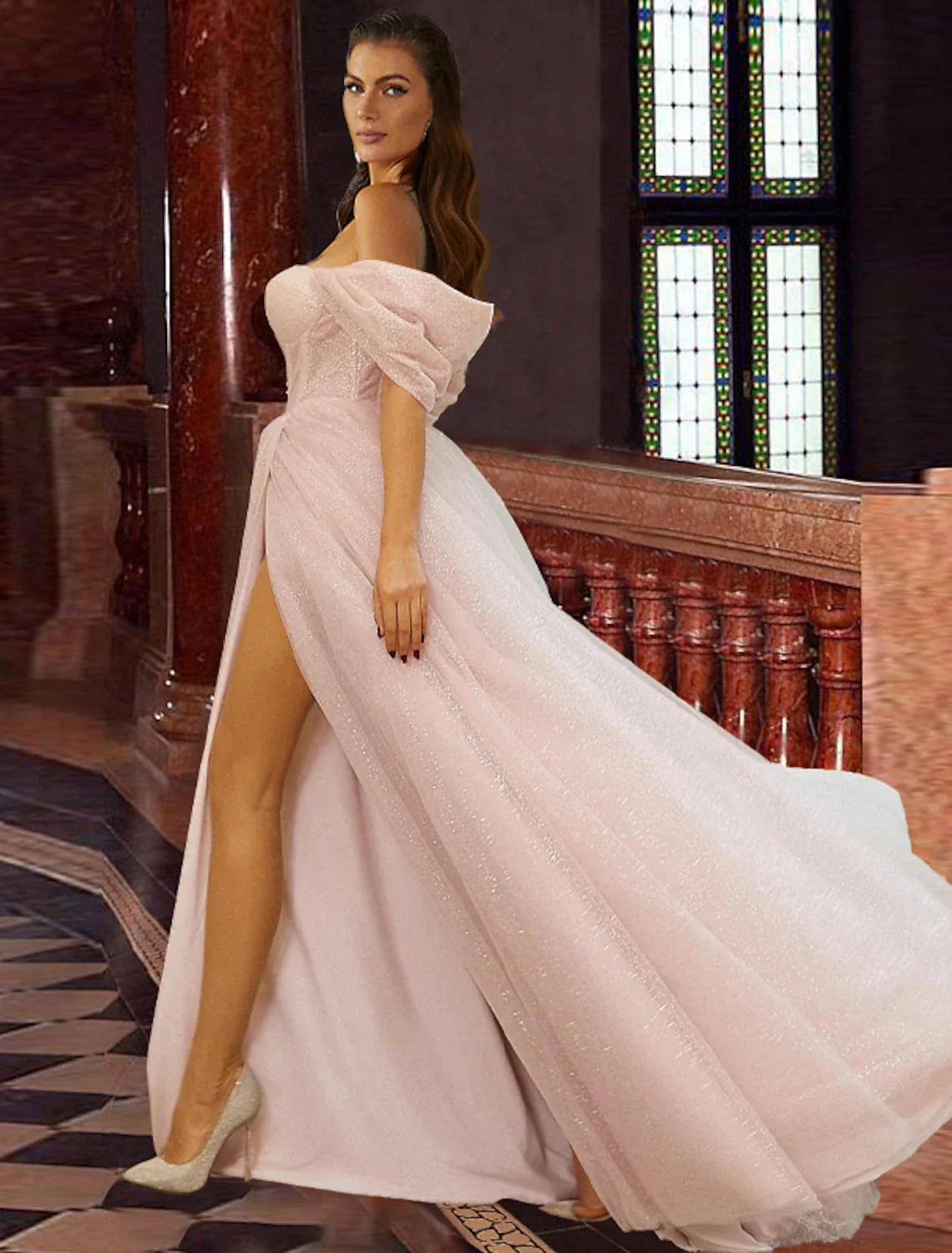 A-Line Prom Dresses Corsets Dress Prom Sweep / Brush Train Short Sleeve Off Shoulder Tulle with Glitter Pleats Slit - TREBLEV