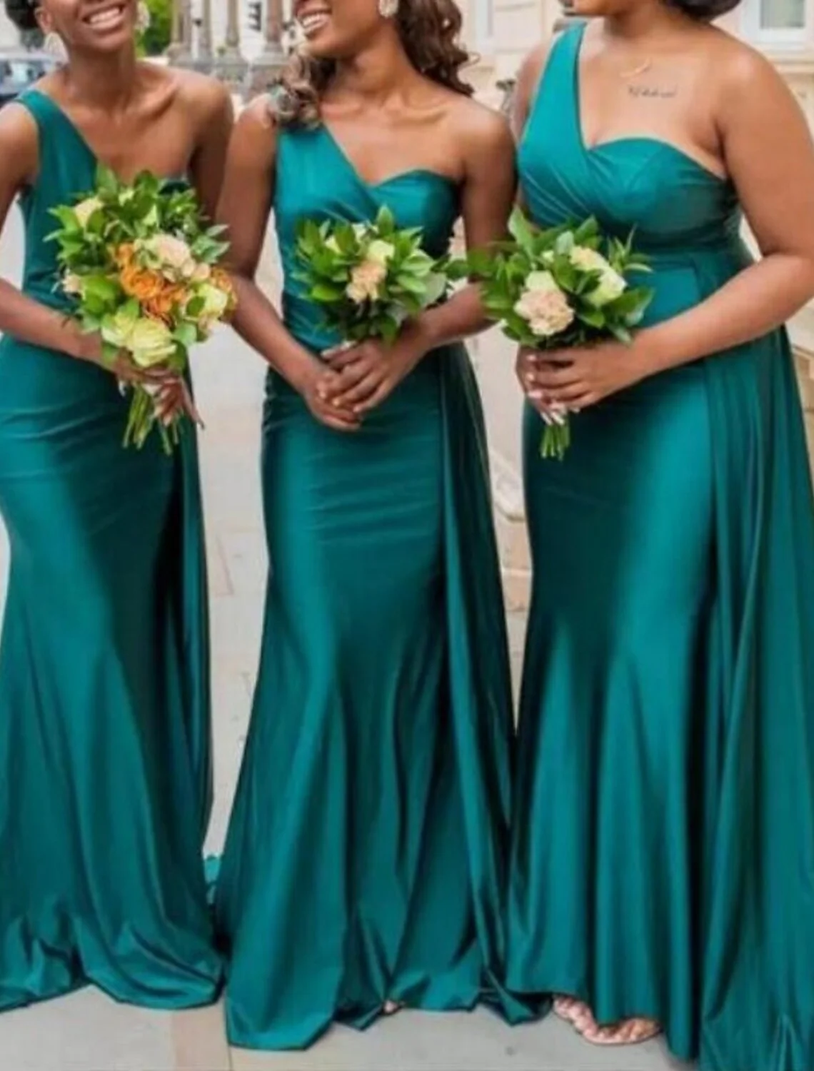 Mermaid / Trumpet Bridesmaid Dress One Shoulder Sleeveless Elegant Sweep / Brush Train Spandex with Draping / Solid Color - TREBLEV
