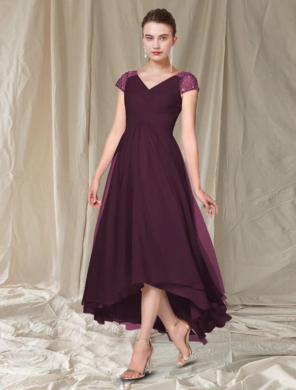 A-Line Mother of the Bride Dress Elegant High Low V Neck Asymmetrical Ankle Length Chiffon Cap Sleeve with Pleats Beading Sequin - TREBLEV