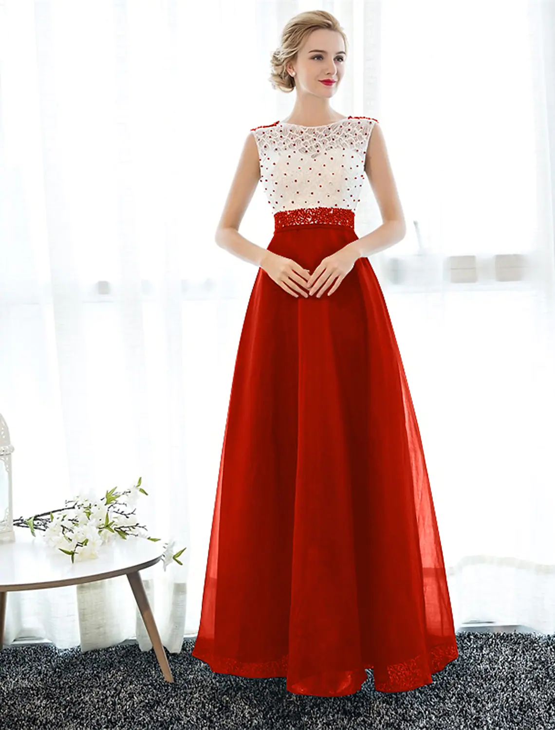 A-Line Elegant Beaded Sequin Prom Formal Evening Dress Sleeveless Floor Length Tulle Over Lace Beading - TREBLEV
