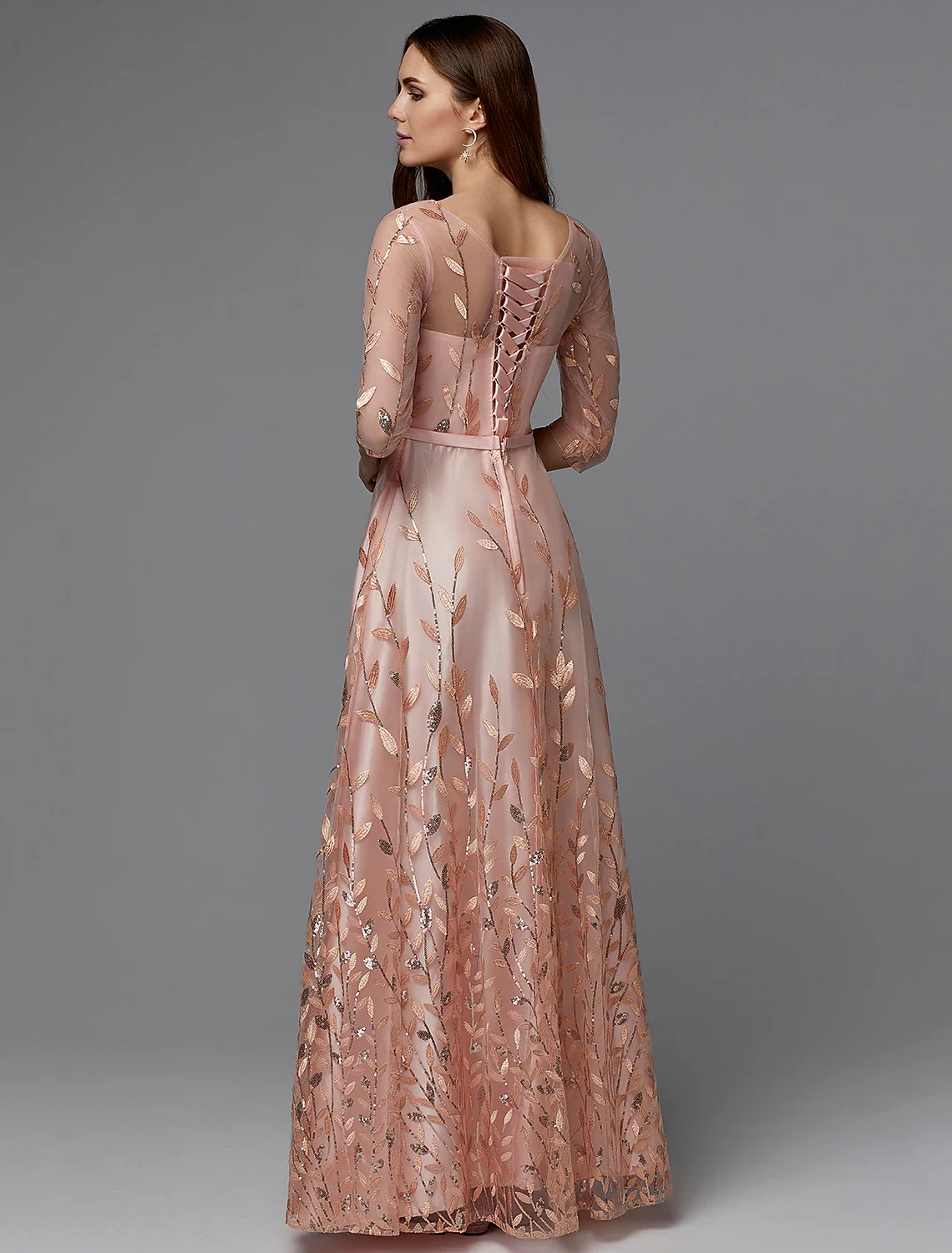 A-Line Floral Dress Wedding Guest Floor Length 3/4 Length Sleeve Illusion Neck Bridesmaid Dress Lace with Pattern / Print Appliques - TREBLEV