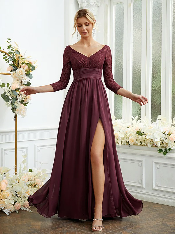A-Line/Princess Chiffon Lace V-neck Long Sleeves Floor-Length Bridesmaid Dresses - TREBLEV