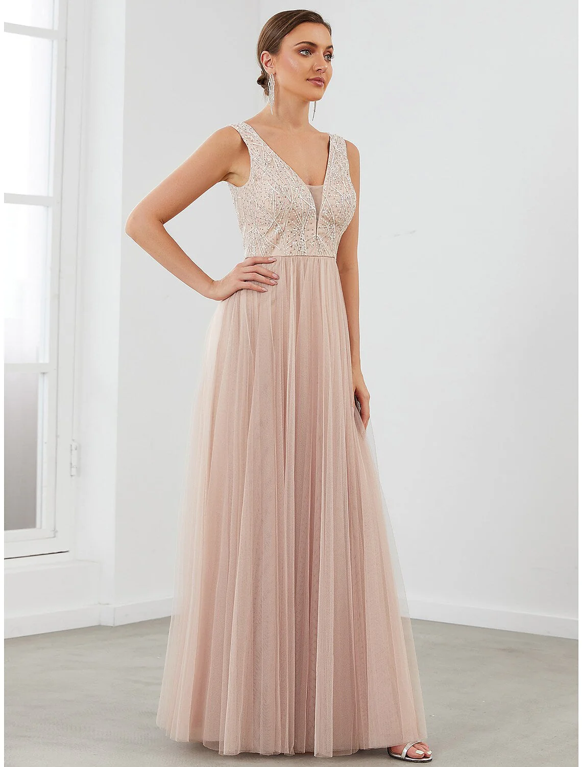 A-Line Evening Gown Elegant Dress Wedding Guest Floor Length Sleeveless V Neck Tulle V Back Sequin Draping - TREBLEV