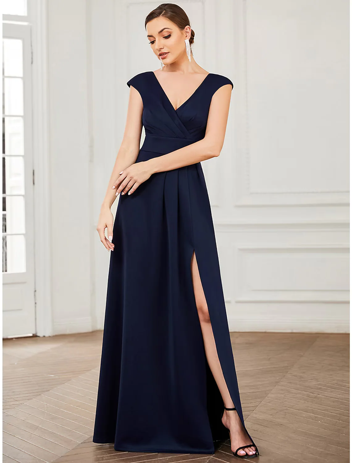 A-Line Evening Gown Elegant Dress Formal Floor Length Sleeveless V Neck Polyester V Back with Draping Slit - TREBLEV