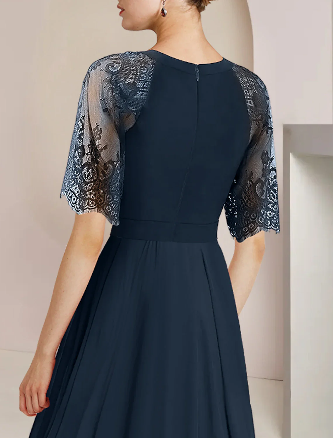 A-Line Mother of the Bride Dress Formal Wedding Guest Party Elegant High Low Scoop Neck Tea Length Chiffon Lace 3/4 Length Sleeve with Pleats Crystal Brooch - TREBLEV