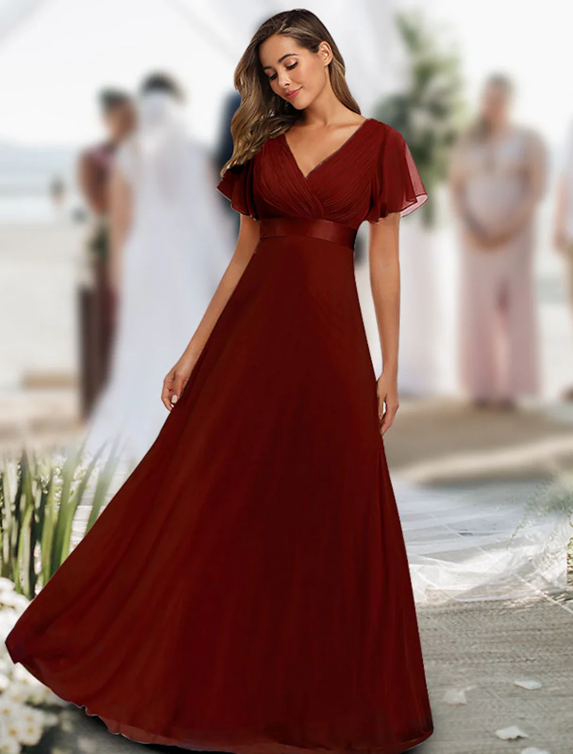A-Line Prom Dresses Maxi Dress Fall Wedding Guest Dress For Bridesmaid Floor Length Short Sleeve V Neck Chiffon V Back with Ruched Ruffles - TREBLEV
