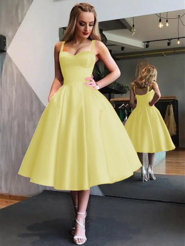 A-Line Straps Satin Sleeveless With Ruffles Tea-Length Dresses - TREBLEV