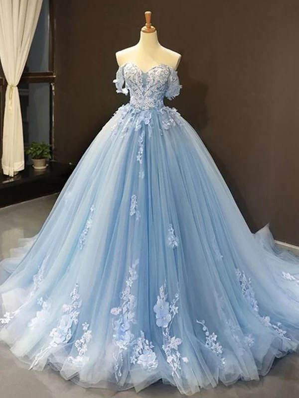 Ball Gown Tulle Off-the-Shoulder Sleeveless Applique Sweep/Brush Train Dresses - TREBLEV
