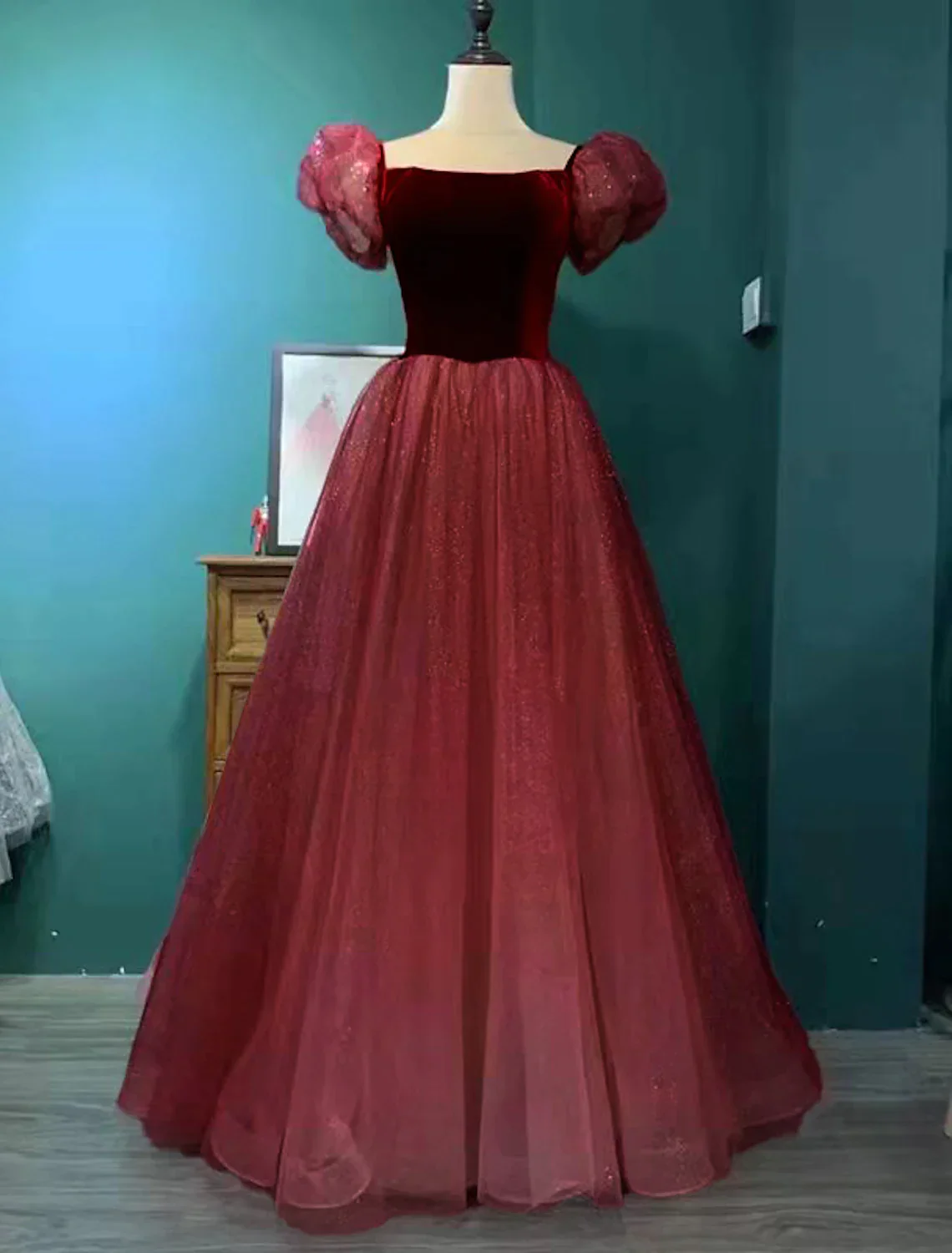 Dresses Engagement Floor Length Short Sleeve Square Neck Tulle with Sequin Splicing - TREBLEV